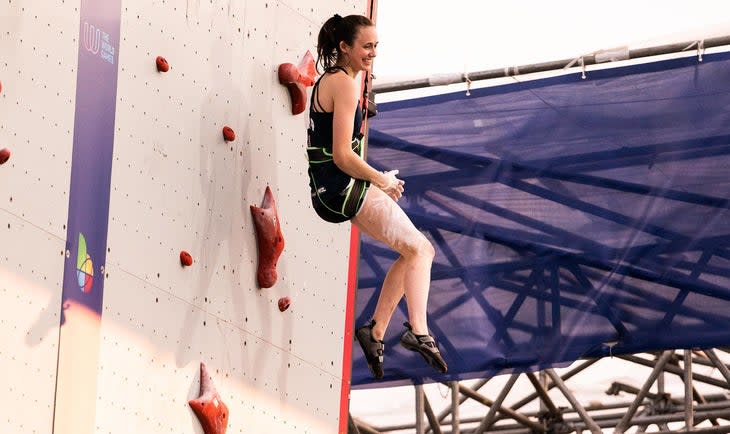 USA speed climber Emma Hunt lowers off wall at World Games.