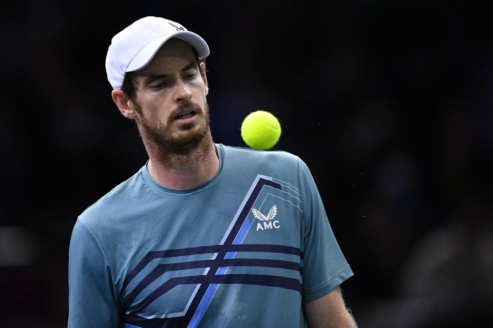 Andy Murray (pictured) looks frustrated during his single match against Dominik Koepfer.