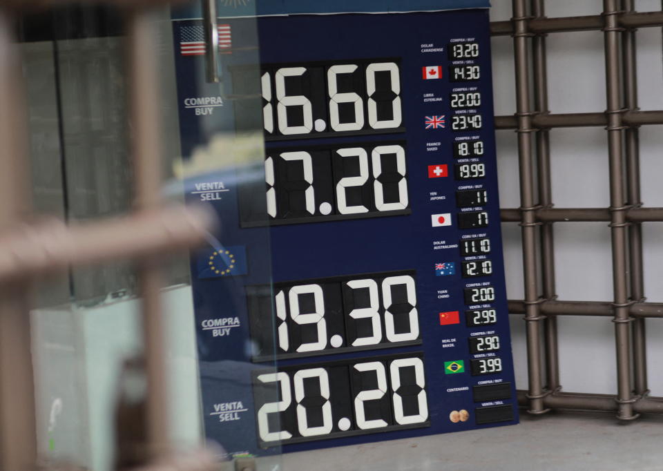 A board displaying the exchange rates of the Mexican peso against the U.S. dollar and the euro is seen at a currency exchange office in Mexico City, Mexico July 5, 2023. REUTERS/Henry Romero