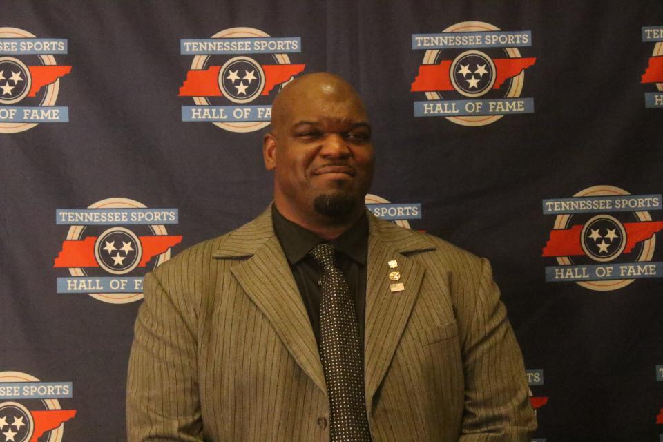 Former Tennessee Vols defensive tackle John Henderson takes pictures while walking the red carpet prior to his induction into the Tennessee Sports Hall of Fame Saturday, July 22, 2023 at the Omni Hotel Nashville.