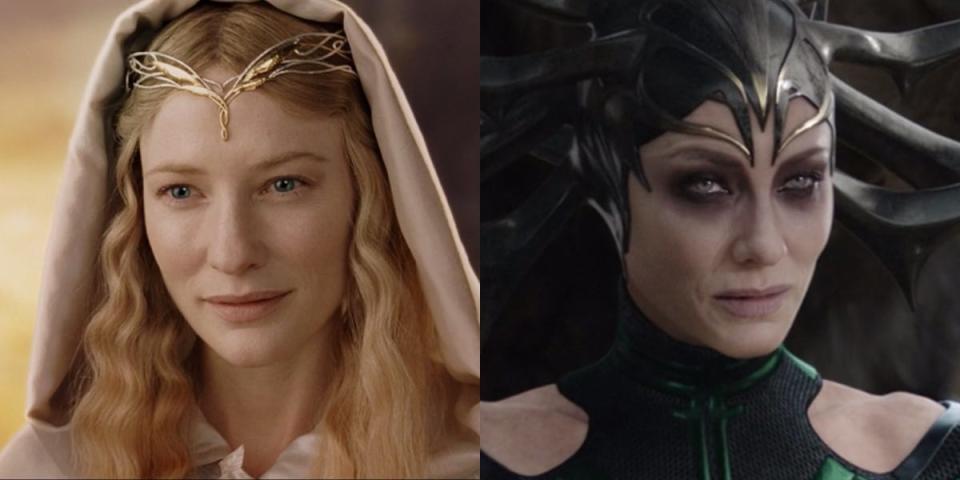 On the left: Cate Blanchett as Galadriel in "The Lord of the Rings: The Return of the King." On the right: Blanchett as Hela in "Thor: Ragnarok."