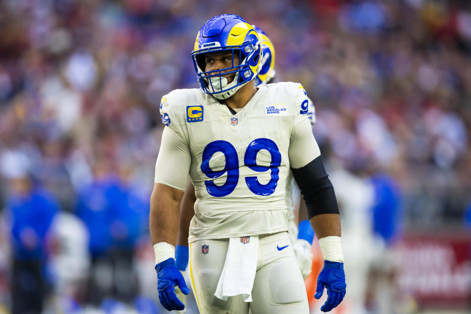 Los Angeles Rams defensive tackle Aaron Donald (99) against the <a class="link " href="https://sports.yahoo.com/nfl/teams/arizona/" data-i13n="sec:content-canvas;subsec:anchor_text;elm:context_link" data-ylk="slk:Arizona Cardinals;sec:content-canvas;subsec:anchor_text;elm:context_link;itc:0">Arizona Cardinals</a> at State Farm Stadium. Mandatory Credit: Mark J. Rebilas-USA TODAY Sports