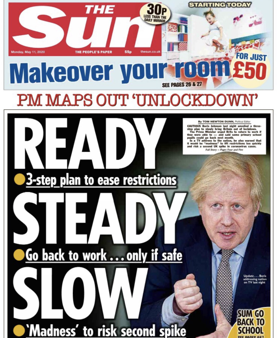 The Sun referred to Boris Johnson's statement as 'Unlockdown' and highlighted the 'madness' of risking a second spike.
