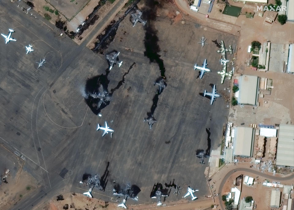 This image of Sudan's Khartoum International Airport, captured by a Maxar Technologies satellite on April 17, 2023, shows damage from the ongoing fighting in the country.