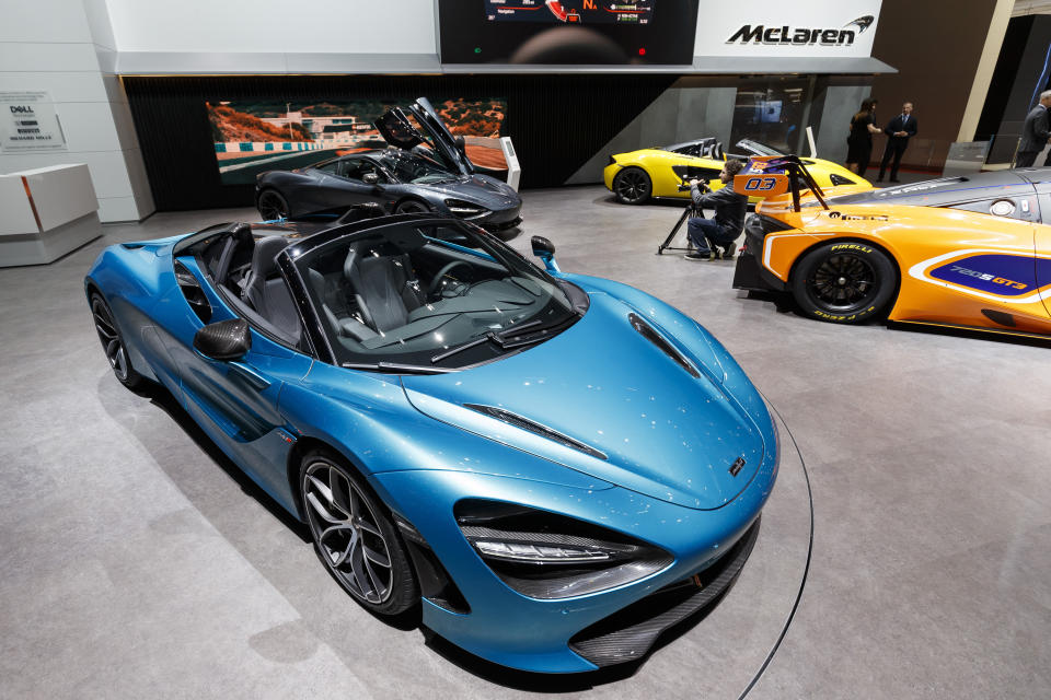 The new Mclaren 720s Spider is presented during the press day at the 89th Geneva International Motor Show in Geneva, Switzerland, Wednesday, March 6, 2019. The Motor Show will open its gates to the public from 7 to 17 March presenting more than 180 exhibitors and more than 100 world and European premieres. (Cyril Zingaro/Keystone via AP)