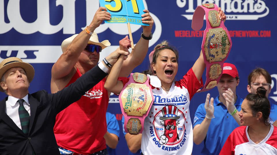 Miki Sudo celebrates after winning the women's title at the 2024 women's event. - Leonardo Munoz/AFP/Getty Images