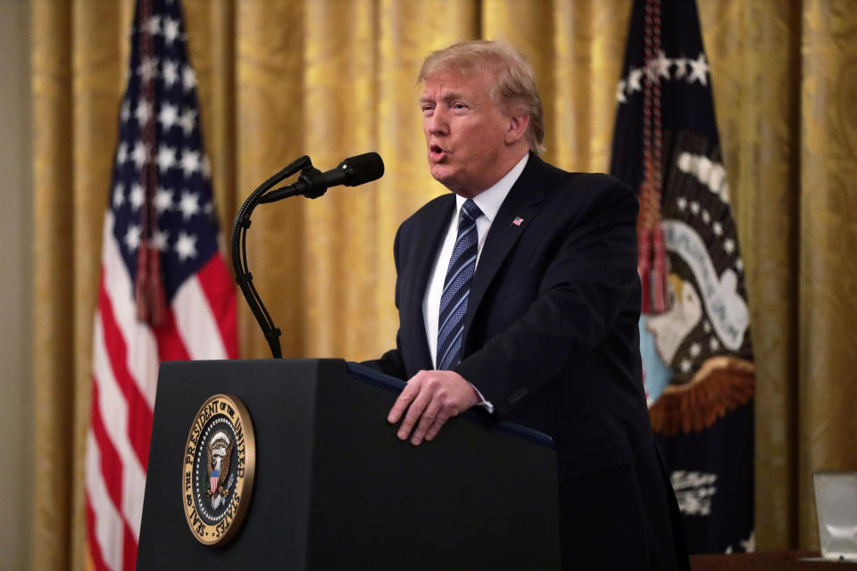 WASHINGTON, DC - NOVEMBER 07:  U.S. President Donald Trump speaks during an East Room event at the White House November 7, 2019 in Washington, DC. Richard Cyril Rescorla, former director of security for Morgan Stanley, was awarded the Presidential Citizens Medal posthumously for his implementation of evacuation plans that help to save thousands of lives during the 9/11 terror attack on the World Trade Center.  (Photo by Alex Wong/Getty Images)