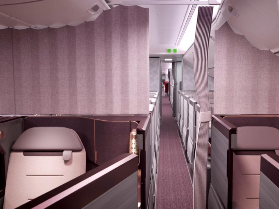 Rendering of the first class cabin, which has curtains and pink coloring.