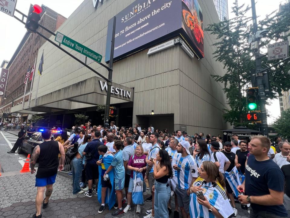 Argentina fans wait outside the team's hotel in Atlanta to catch a glimpse of Lionel Messi and other stars a day before the 2024 Copa America opener between Argentina and Canada on Thursday, June 20.