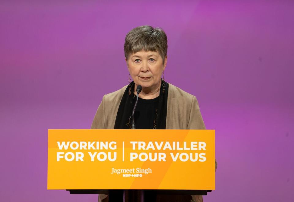 Anne McGrath, National Director of the New Democratic Party, speaks at the NDP Convention in Hamilton, Ont. Friday, October 13, 2023.