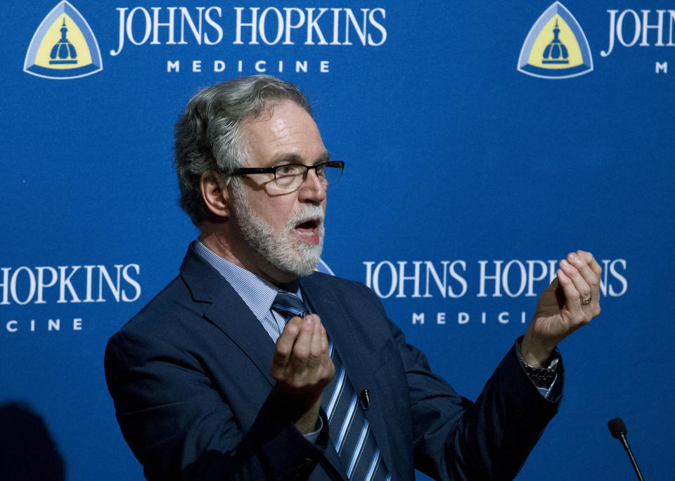 Professor Gregg L. Semenza speaks during a news conference after he was awarded the Nobel Prize for Physiology or Medicine at Johns Hopkins Medicine Hospital in Baltimore, Monday, Oct. 7, 2019. Semenza shares the prize with Drs. William G. Kaelin Jr. and Peter J. Ratcliffe for their discoveries of how cells sense and adapt to oxygen availability, the Nobel Committee announced Monday. (AP Photo/Jose Luis Magana)