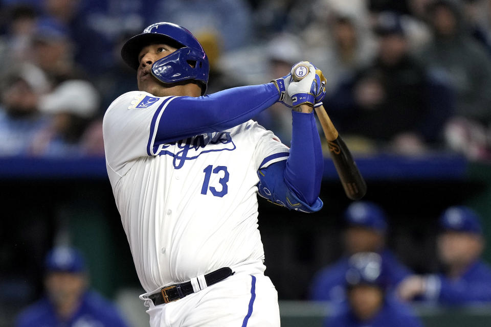 Kansas City Royals' Salvador Perez watches his three-run home run during the sixth inning of a baseball game against the Baltimore Orioles Saturday, April 20, 2024, in Kansas City, Mo. (AP Photo/Charlie Riedel)