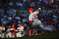 St. Louis Cardinals starting pitcher Jack Flaherty throws during the first inning of Game 5 of their National League Division Series baseball game against the Atlanta Braves, Wednesday, Oct. 9, 2019, in Atlanta. (AP Photo/John Amis)