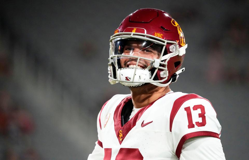 Sep 23, 2023; Tempe, Arizona, USA; USC Trojans quarterback Caleb Williams (13) during the pregame warmup before playing the Arizona State Sun Devils at Mountain America Stadium. Mandatory Credit: Rob Schumacher-Arizona Republic