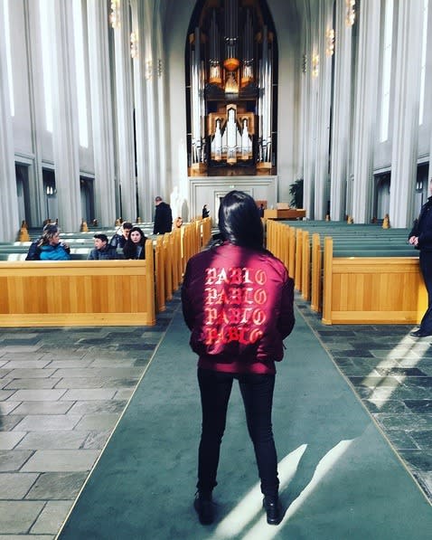 “Went to the most beautiful church today,” Kourtney said of a unique pic of her posing in a house of worship while wearing a jacket from Kanye's Life of Pablo line of merchandise. Gotta fit in some product placement.