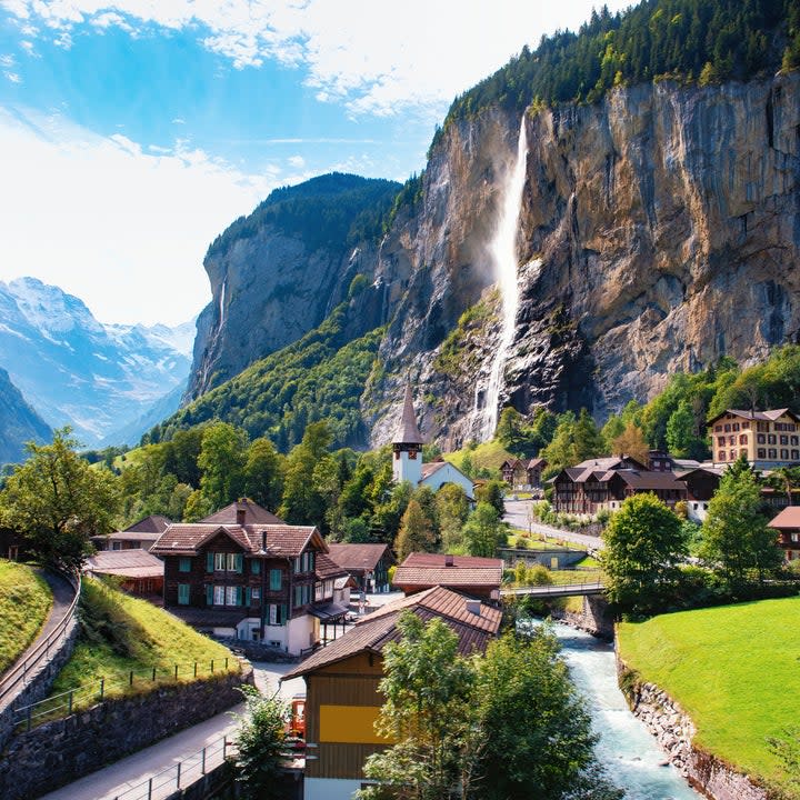 Waterfall and building in Switzerland