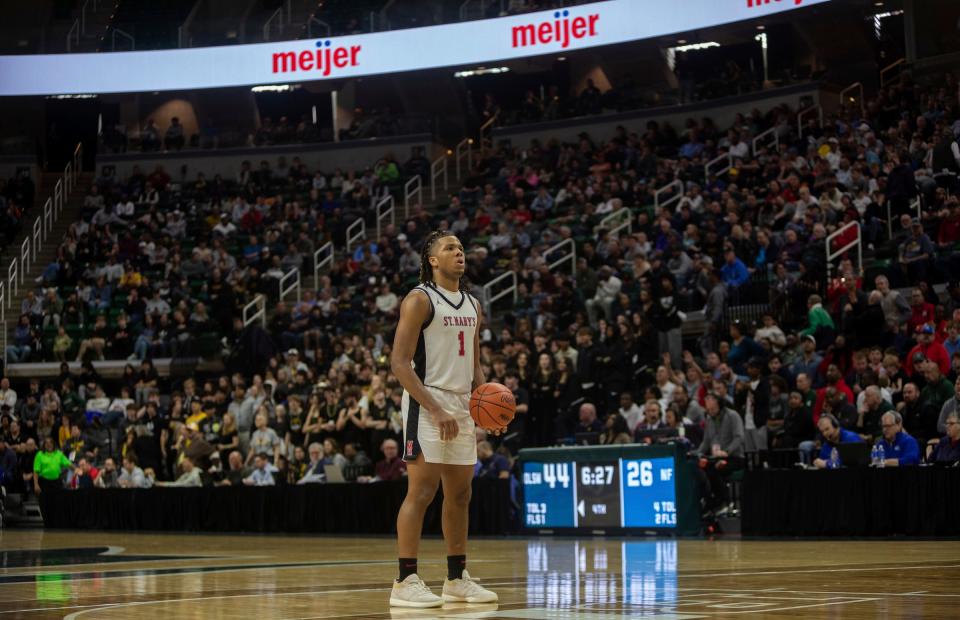 Orchard Lake St. Mary's Trey McKenney stands at the free throw line during the MHSAA Div. 1 state finals game against North Farmington at the Breslin Center in East Lansing on Saturday, March 16, 2024.