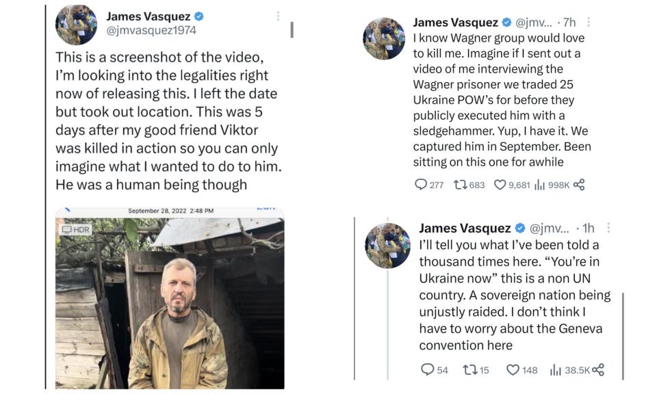 Tweets from James Vasquez, one photo claiming to be of a Wagner prisoner and text tweets about how the Geneva Conventions do not apply.