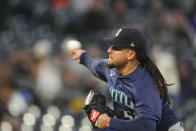 Seattle Mariners starting pitcher Luis Castillo works against the Colorado Rockies in the fourth inning of a baseball game Saturday, April 20, 2024, in Denver. (AP Photo/David Zalubowski)