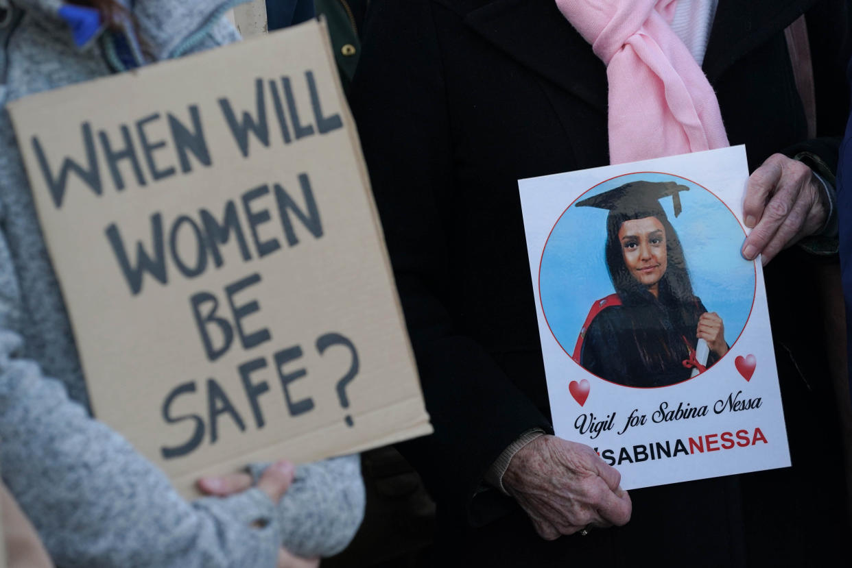 People at a vigil for Sabina Nessa at Eastbourne Pier in East Sussex. Garage worker Koci Selamaj allegedly attacked the 28-year-old school teacher as she walked through Cator Park in Kidbrooke, south-east London, on her way to meet a friend on September 17. Picture date: Tuesday October 5, 2021.