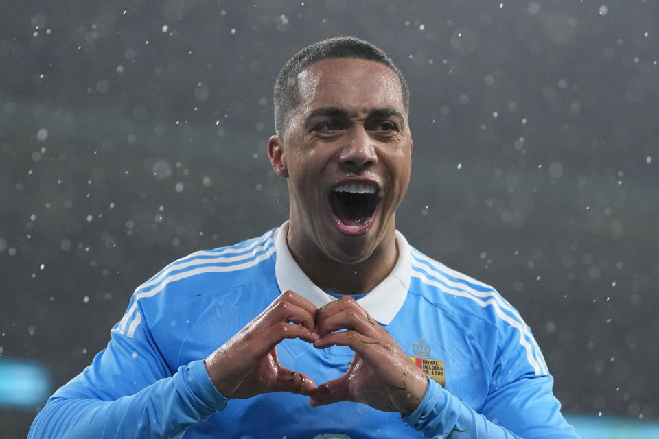 Belgium's Youri Tielemans celebrates after scoring his side's second goal during an international friendly soccer match between England and Belgium at Wembley Stadium, in London, Tuesday, March 26, 2024. (AP Photo/Kirsty Wigglesworth)