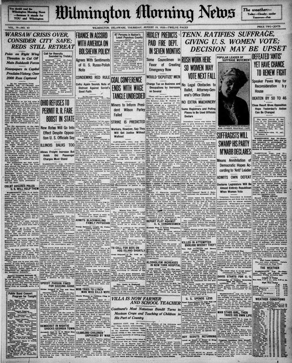 Front page of the Wilmington Morning News from Aug. 19, 1920.