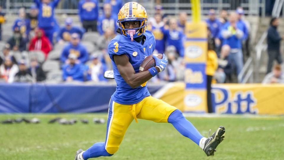 Pittsburgh wide receiver Jordan Addison runs after making a catch against Miami in October.