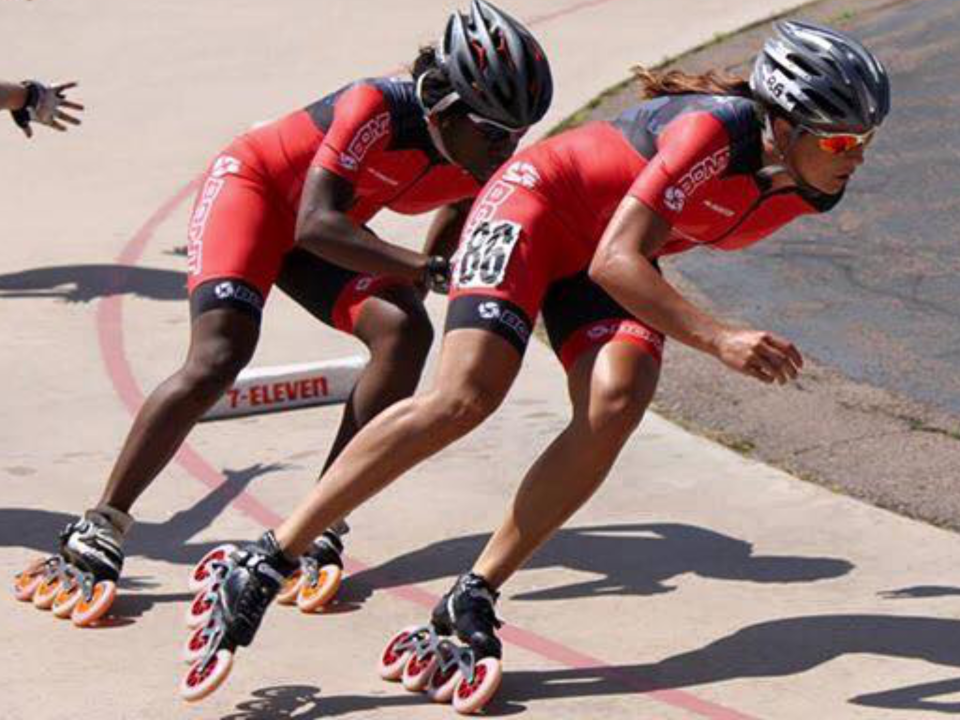 Erin Jackson follows Brittany Bowe in an inline skating event. (Courtesy of Debbie Bowe)