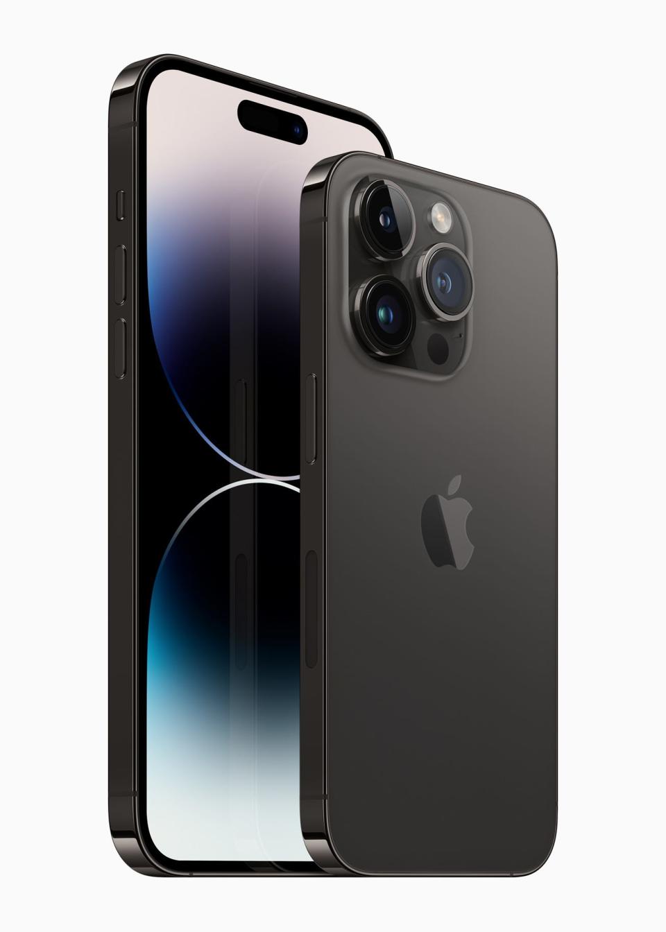 The iPhone 14 Pro and iPhone 14 Pro Max, at left, both sport a new 48-megapixel main camera and will be available in four finishes: deep purple, silver, gold, and space black. Pre-orders begin Friday, September 9, with availability beginning Friday, September 16.