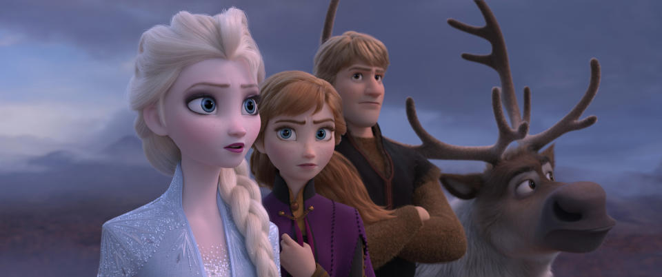 This image released by Disney shows Elsa, voiced by Idina Menzel, from left, Anna, voiced by Kristen Bell, and Kristoff, voiced by Jonathan Groff in a scene from "Frozen 2," in theaters on Nov. 22. (Disney via AP)