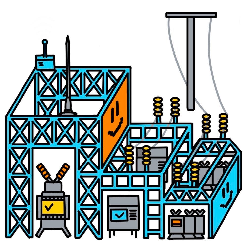 electricity substation illustration with machines smiling computer screens and power lines