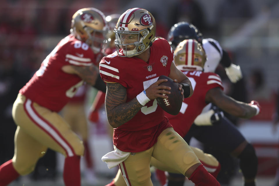 San Francisco 49ers quarterback Trey Lance (5) had a solid day in a win over the Texans. (AP Photo/Jed Jacobsohn)