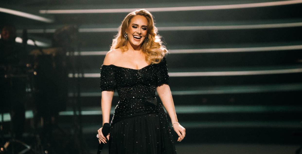 Adele was emotional after reuniting with her favorite school teacher on stage at the London Palladium. (Photo: ITV)