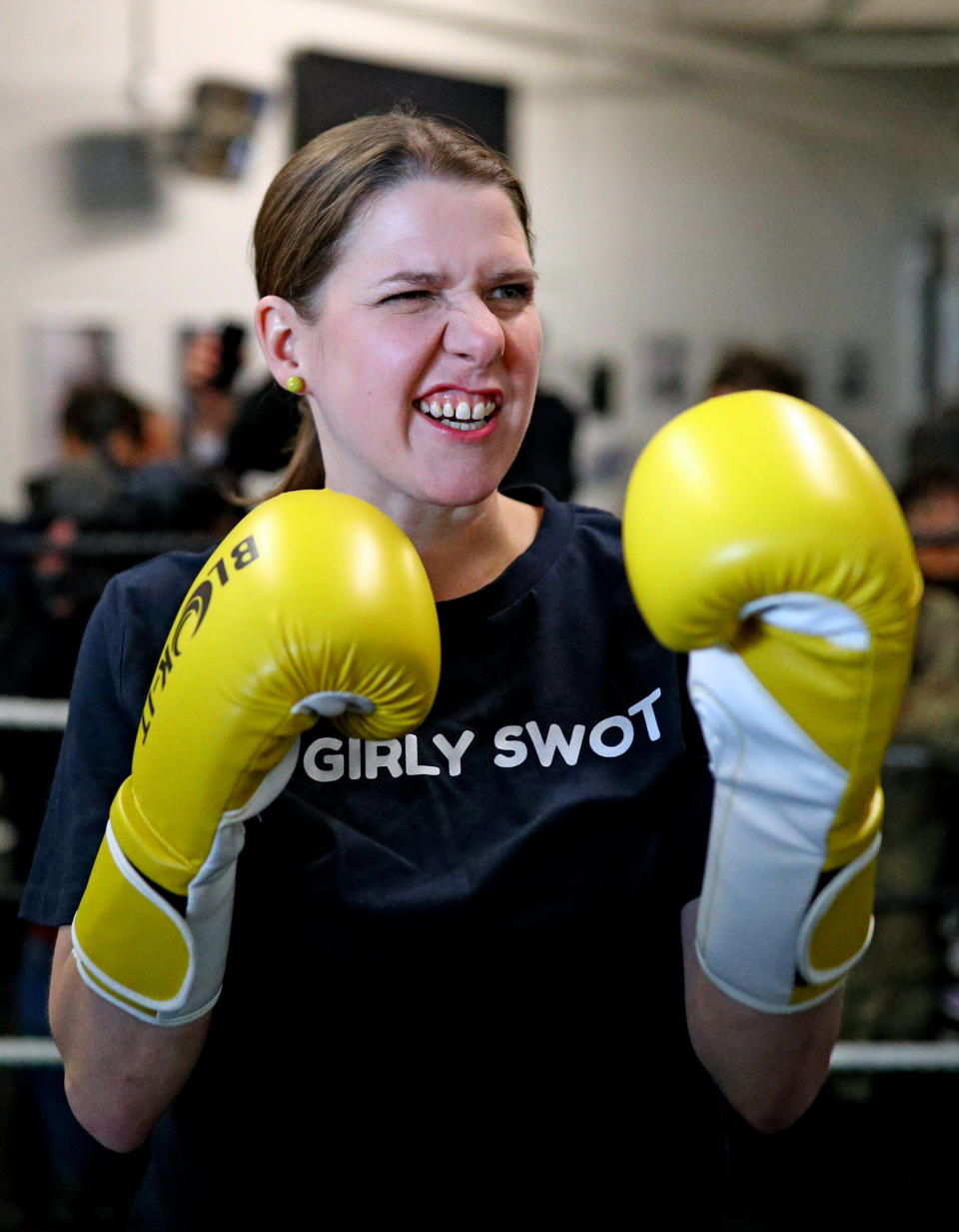 Lib Dems leader Jo Swinson takes to the ring at Total Boxer in Crouch End, London. The gym specialises in training young people as a means of keeping them away from violence.