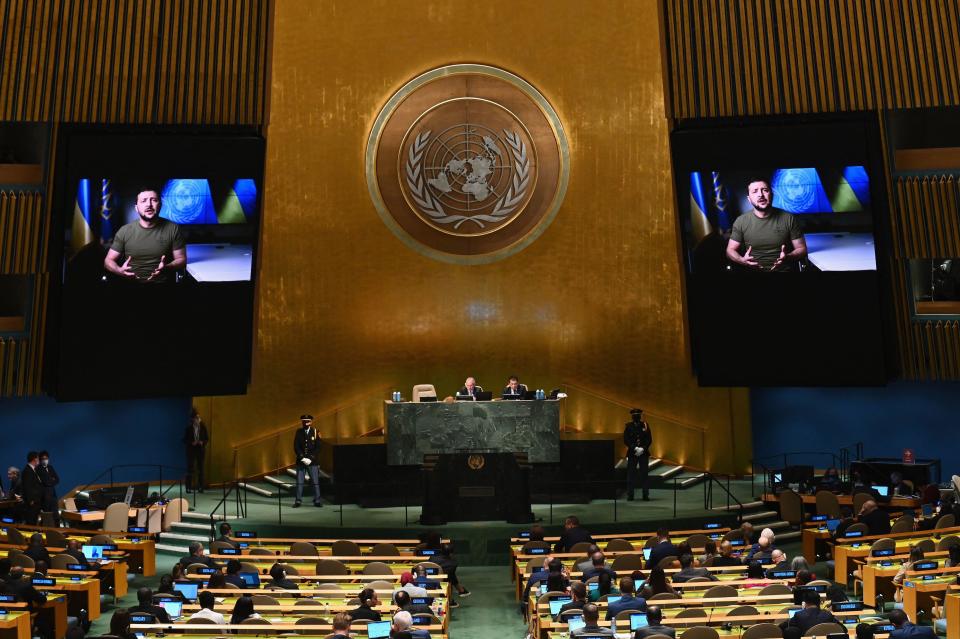 Ukrainian President Volodymyr Zelenskyy is seen on screen as he remotely addresses the 77th session of the United Nations General Assembly at U.N. Headquarters in New York City on Sept. 21, 2022. / Credit: ANGELA WEISS/AFP via Getty Images