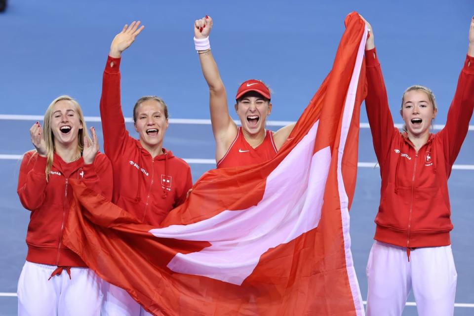 Switzerland celebrate their victory over Australia in Glasgow (Steve Walsh/PA). (PA Wire)