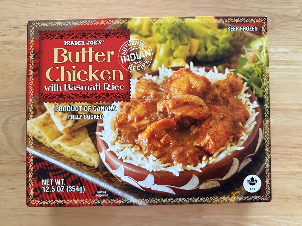 Box of Trader Joe's butter chicken sits out on a table