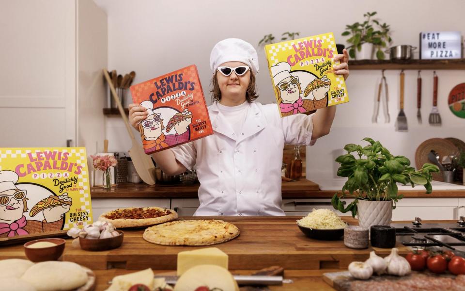 Singer Lewis Capaldi with his ironically titled Big Sexy Pizza brand