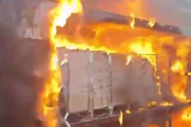 The lorry was completely surrounded in flames