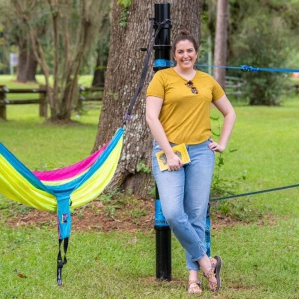 Unveiled Aug. 25, 2022, the Fully Booked placemaking project at Pedrick Pond Park outside the Leon County Eastside Branch Library offers hammocks available for check out using your library card or you can bring your own.