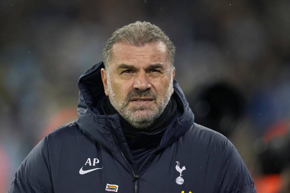 Tottenham's head coach Ange Postecoglou stands by the touchline before the English Premier League soccer match between Manchester City and Tottenham Hotspur at Etihad stadium in Manchester, England, Sunday, Dec. 3, 2023. (AP Photo/Dave Thompson)