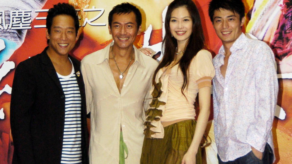江華2006年曾因《風塵三俠之紅拂女》一劇來台宣傳，(由左至右分別為阿龐、江華、姚采穎、霍建華)。(圖/中時資料照)
