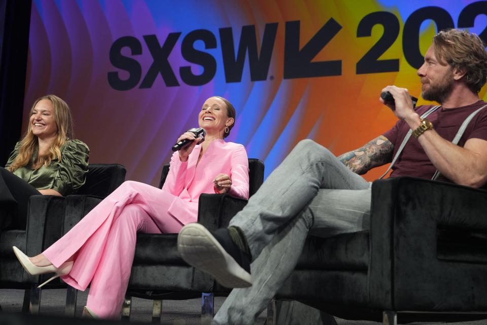 Vox Media's Sam Sanders leads a featured session with Hello Bello's Erica Buxton, from left, Kristen Bell and Dax Shepard on Thursday, March 16, 2023, at the Austin Convention Center. They talked about building their brand, Hello Bello, during South by Southwest titled, "Building a Brand Through Community."