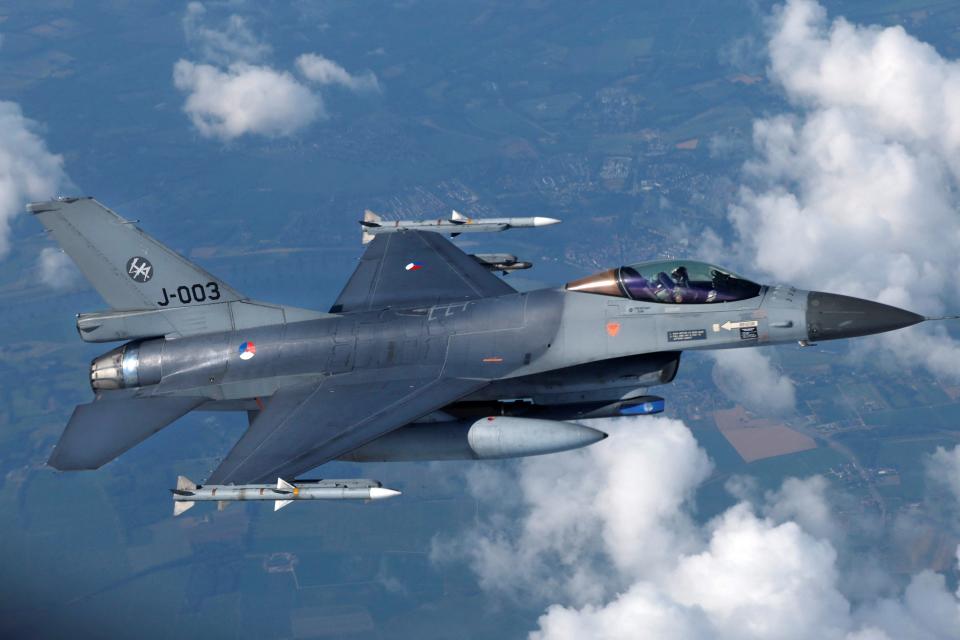 Netherlands' Air Force F-16 fighter jet flies during a media day, 2023.