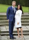 <p>Prince Harry and Meghan Markle make it official with their engagement announcement. For the occasion, Markle wore a crew neck green Parosh sheath dress and Aquazurra pumps, topped with a winter white coat by the Canadian label LINE. </p>