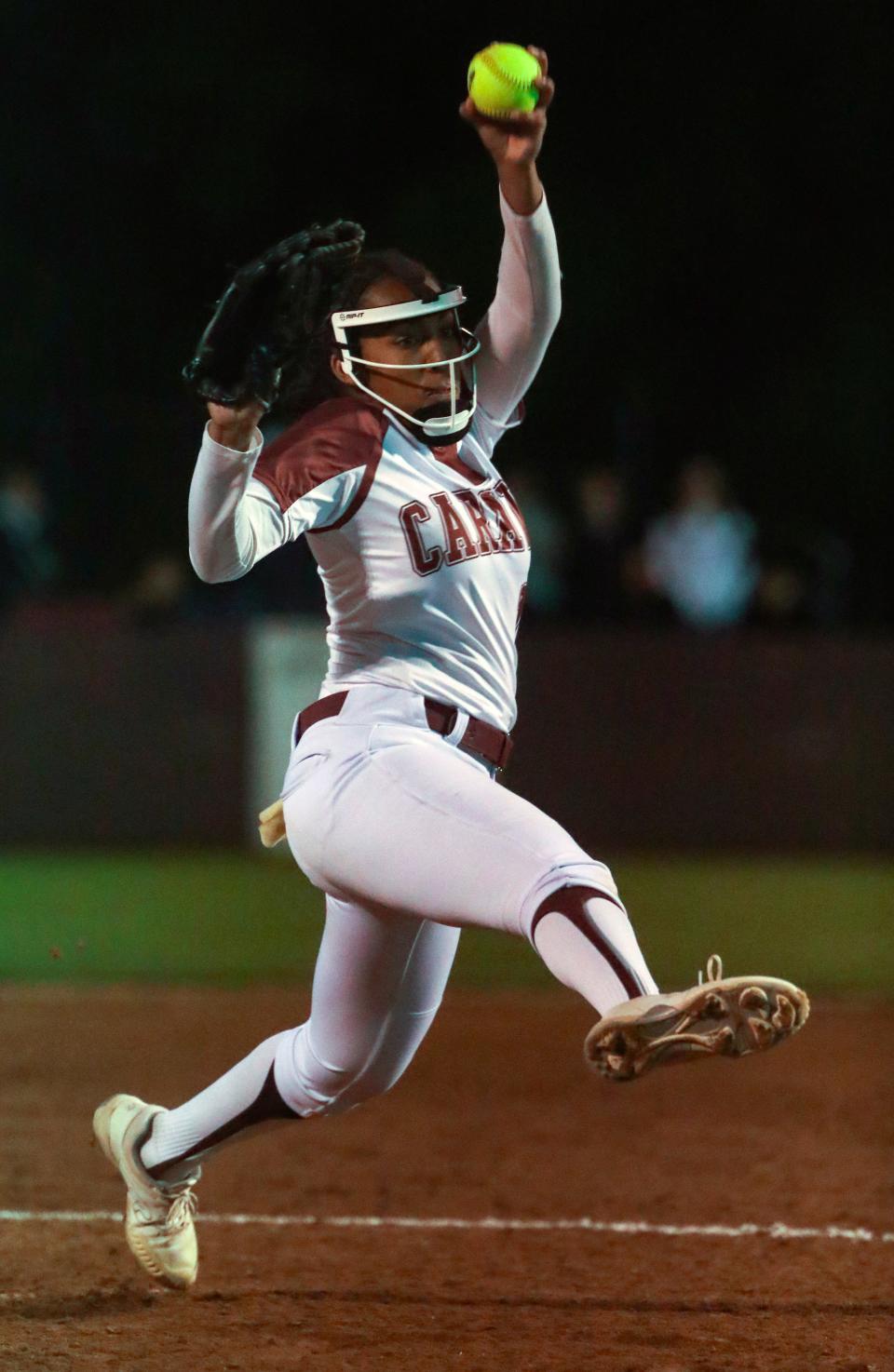 Caravel pitcher Morgan Maxwell throws in the fifth inning of the Bucs' 7-2 win against Appoquinimink Thursday, May 4, 2023 at Caravel.