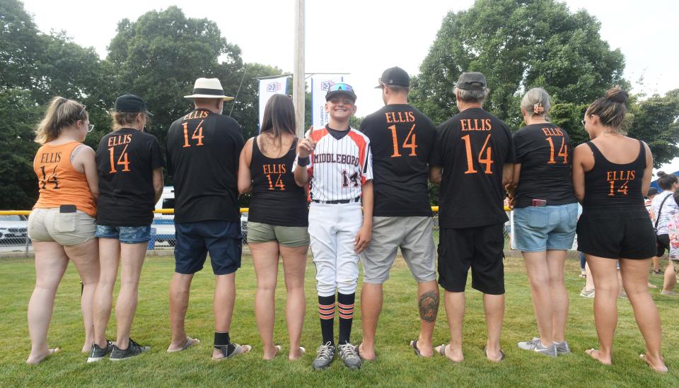 Middleboro 12U Nationals Cayden Ellis with family and friends  at Dunn Little League Complex at Hollingsworth Park in Braintree on Sunday, July 31, 2022.   