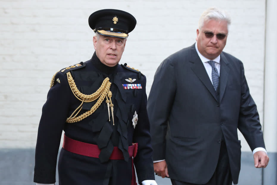 The Duke of York (left), in his role as colonel of the Grenadier Guards, before laying a wreath at the Charles II memorial in Bruges to mark the 75th Anniversary of the liberation of the Belgian town.