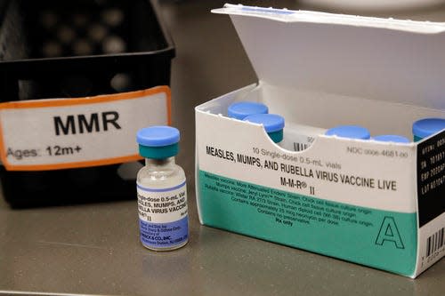 In this photo taken Wednesday, May 15, 2019, a dose of the measles, mumps and rubella vaccine is displayed at the Neighborcare Health clinics at Vashon Island High School in Vashon Island, Wash.