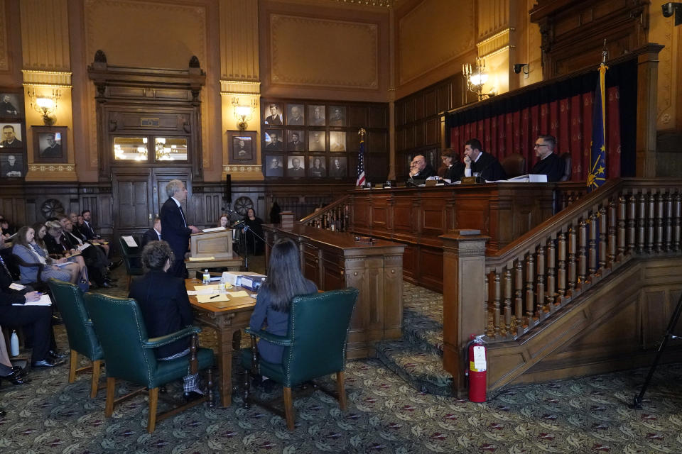 Ken Falk speaks during a Supreme Court hearing, Thursday, Jan. 19, 2023, in Indianapolis. A top state lawyer urged the Indiana Supreme Court to uphold the state's Republican-backed abortion ban, even as the justices weighed whether they should decide its constitutionality before lower courts have fully considered the case. (AP Photo/Darron Cummings, Pool)